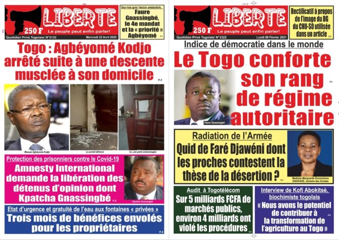 La une du quotidien Liberté du 22 avril 2020 reprend un communiqué d'Amnesty International qui demande la libération des détenus d'opinion, dont Kpatcha Gnassingbé La une du quotidien Liberté du 22 avril 2020 reprend un communiqué d'Amnesty International qui demande la libération des détenus d'opinion, dont Kpatcha Gnassingbé
