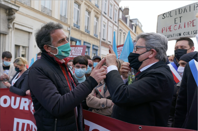 Not seeing eye-to-eye: EELV green party mayor of Grenoble and potential presidential candidate, Éric Piolle (left), with radical-left LFI party leader Jean-Luc Mélenchon during a Labour Day gathering in Lille, north-east France, on May 1st 2021. © SYLVAIN LEFEVRE/Hans Lucas/ Hans Lucas via AFP