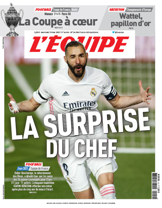 La une de L'Équipe, le 19 mai 2021. © L'Équipe La une de L'Équipe, le 19 mai 2021. © L'Équipe