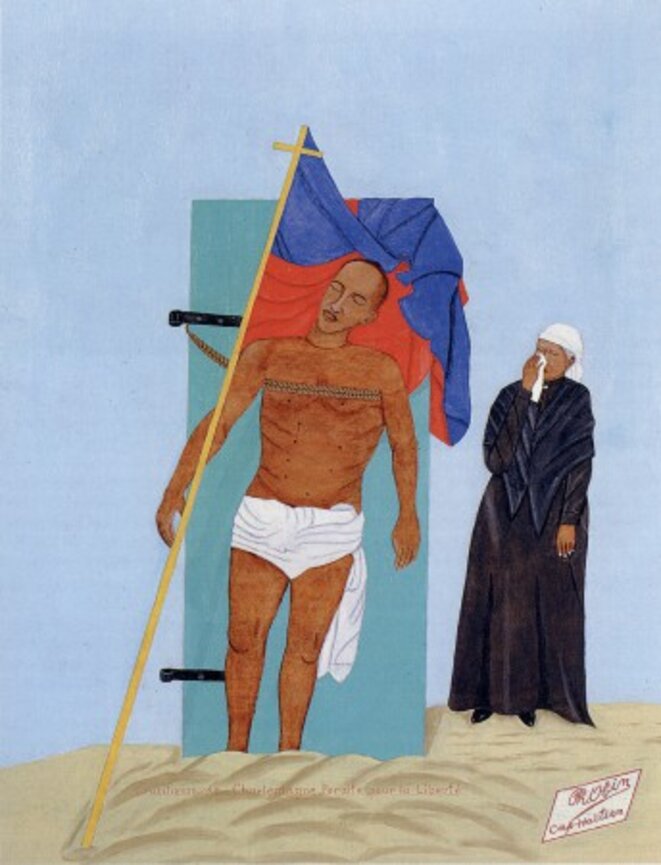 Philomé Obin, La crucifixion de Charlemagne Péralte pour la liberté, huile sur isorel, 49 x 39 cm, 1970 © P. Obin Philomé Obin, La crucifixion de Charlemagne Péralte pour la liberté, huile sur isorel, 49 x 39 cm, 1970 © P. Obin