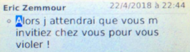 Un SMS envoyé par Éric Zemmour le 22 avril 2018. © Document Mediapart