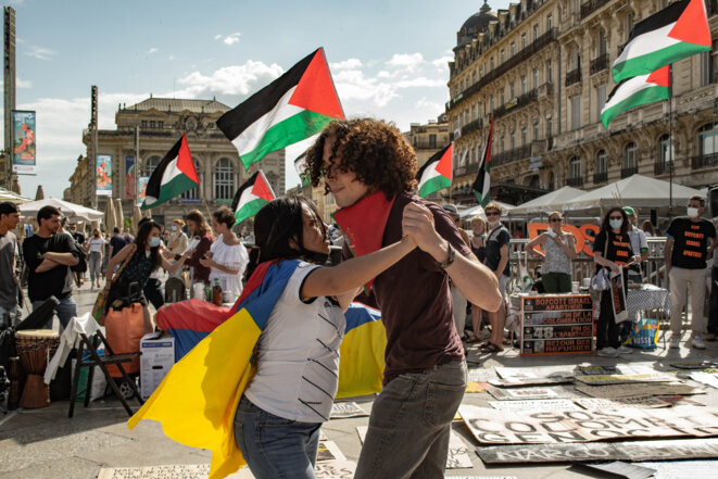 Rassemblement de soutien à la Colombie et à la Palestine, Montpellier, le 29 mai 2021. © Samuel Clauzier Rassemblement de soutien à la Colombie et à la Palestine, Montpellier, le 29 mai 2021. © Samuel Clauzier