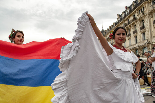 Rassemblement de soutien à la Colombie et à la Palestine, Montpellier, le 29 mai 2021. © Samuel Clauzier Rassemblement de soutien à la Colombie et à la Palestine, Montpellier, le 29 mai 2021. © Samuel Clauzier