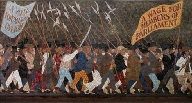 Mosaïque murale du soulèvement chartiste de 1839. Oeuvre de Kenneth Budd, Newport, pays de Galles, 1978. © Kenneth Budd Mosaïque murale du soulèvement chartiste de 1839. Oeuvre de Kenneth Budd, Newport, pays de Galles, 1978. © Kenneth Budd