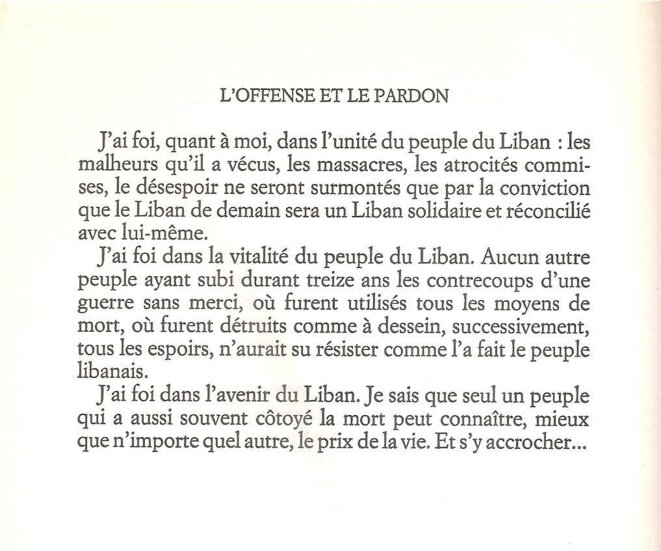 Conclusion du livre "L'offense et le pardon" en 1988 © Amine GEMAYEL Conclusion du livre "L'offense et le pardon" en 1988 © Amine GEMAYEL