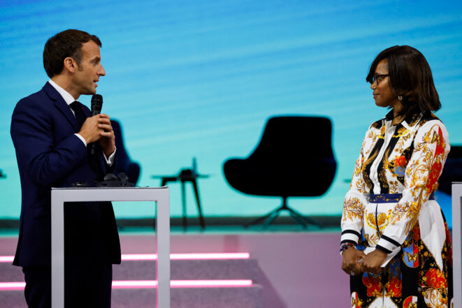 Emmanuel Macron et Élisabeth Moreno, le 30 juin. © Ludovic Marin/AFP