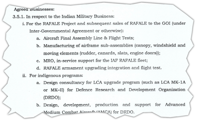 An extract from the “strategic partnership agreement” signed on November 9th 2015 between Dassault Aviation CEO Éric Trappier and Reliance group chairman Anil Ambani. © Document Mediapart
