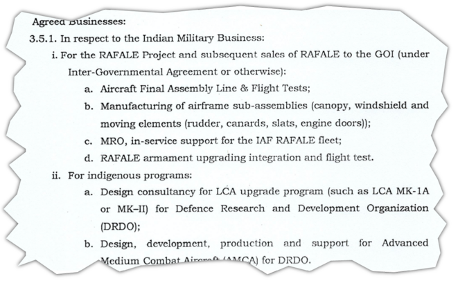 An extract from the “strategic partnership agreement” signed on November 9th 2015 between Dassault Aviation CEO Éric Trappier and Reliance group chairman Anil Ambani. © Document Mediapart An extract from the “strategic partnership agreement” signed on November 9th 2015 between Dassault Aviation CEO Éric Trappier and Reliance group chairman Anil Ambani. © Document Mediapart