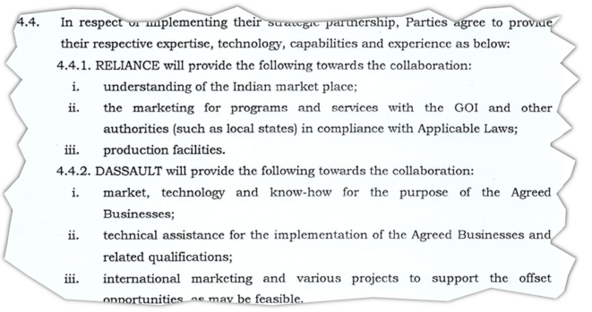 Extrait de l'"accord de partenariat stratégique" signé le 9 novembre 2015 par le PDG de Dassault Aviation, Éric Trappier, et le PDG de Reliance, Anil Ambani. © Document Mediapart Extrait de l'"accord de partenariat stratégique" signé le 9 novembre 2015 par le PDG de Dassault Aviation, Éric Trappier, et le PDG de Reliance, Anil Ambani. © Document Mediapart