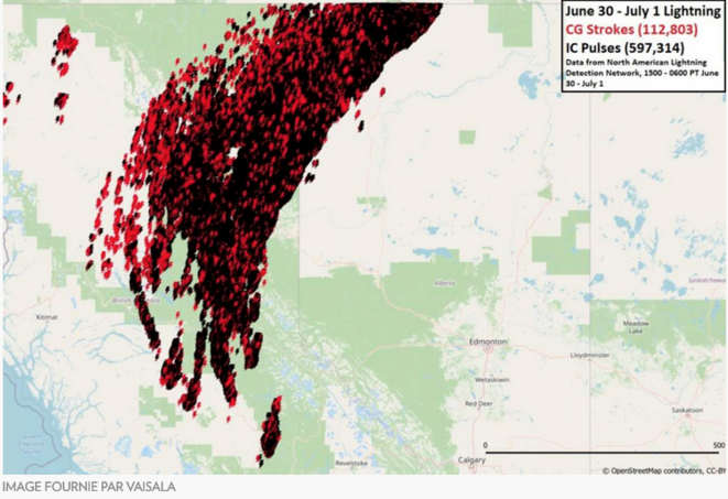 Cartographie des éclairs dans l'ouest canadien au tournant du mois © Capture d'écran du site canadien « La Presse »
