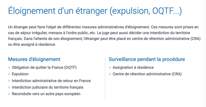 © Capture d'écran du site « Service-public.fr », où s'affiche la roide et froide orientation française concernant les étrangers en situation irrégulière