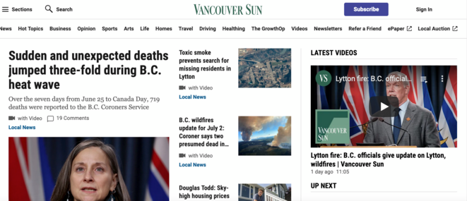 Une du « Vancouver Sun », 3 juillet 2021 (© capture d'écran du site)