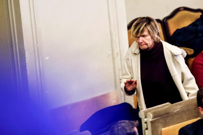 Michèle Marchand dans les coulisses du meeting de Rachida Dati et Nicolas Sarkozy, le 9 mars 2020 à Paris. © Photo Sébastien Calvet / Mediapart Michèle Marchand dans les coulisses du meeting de Rachida Dati et Nicolas Sarkozy, le 9 mars 2020 à Paris. © Photo Sébastien Calvet / Mediapart