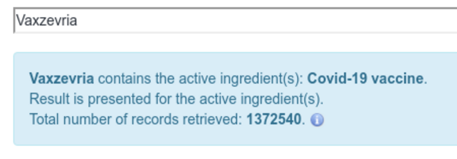 Fig.3 - Données de VigiAccess correspondant à "Vaxzevria" (au 11/07/02021) © vigiaccess.org