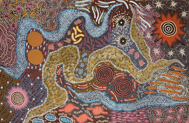 Michelle Possum Nungarrayi (née en 1970) Women’s Ceremony, s.d. Acrylique et pigments sur toile, 82 x 122 cm - Désert central © Collection Pierre Montagne Michelle Possum Nungarrayi (née en 1970) Women’s Ceremony, s.d. Acrylique et pigments sur toile, 82 x 122 cm - Désert central © Collection Pierre Montagne