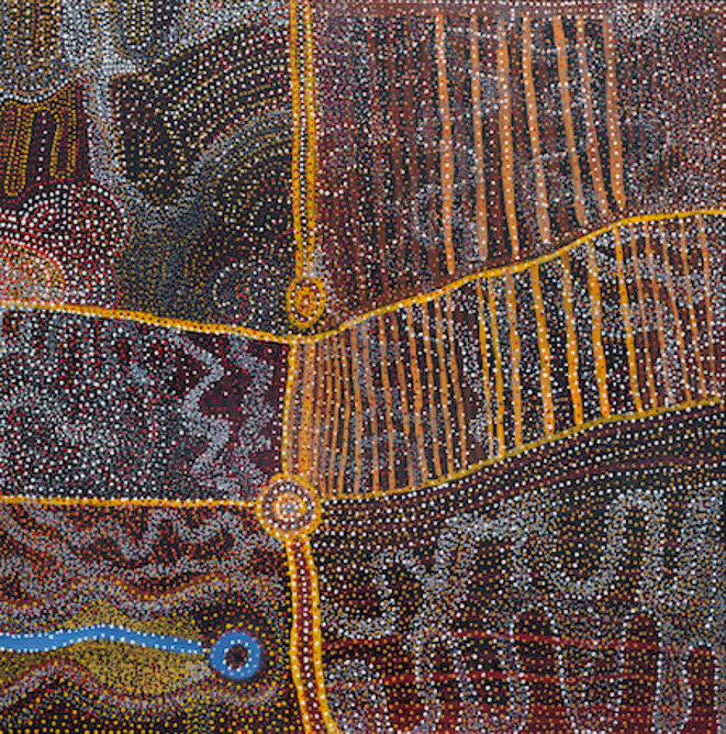 Willy Muntjantji Martin (1951-2018) Wanampi Tjukurpa (Water Snake Dreaming) Acrylique sur lin, 198 x 198 cm- Australie méridionale © Collection Pierre Montagne Willy Muntjantji Martin (1951-2018) Wanampi Tjukurpa (Water Snake Dreaming) Acrylique sur lin, 198 x 198 cm- Australie méridionale © Collection Pierre Montagne