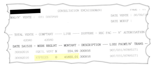 Document comptable de Darty signalant une transaction de 41 855 euros en espèces. © Darty