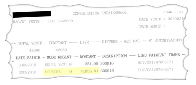 Document comptable de Darty signalant une transaction de 41 855 euros en espèces. © Darty Document comptable de Darty signalant une transaction de 41 855 euros en espèces. © Darty
