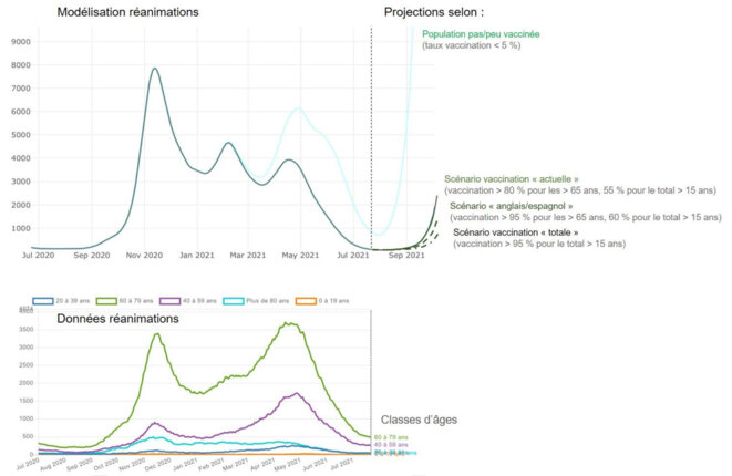 Lecture : en haut, modélisation CovidSIM de l'évolution du nombre total de personnes en réanimation, puis projections à partir du 21 juillet selon les 4 scénarios. En bas, données correspondantes relevées par classes d’âges (source : covidtracker.fr) Lecture : en haut, modélisation CovidSIM de l'évolution du nombre total de personnes en réanimation, puis projections à partir du 21 juillet selon les 4 scénarios. En bas, données correspondantes relevées par classes d’âges (source : covidtracker.fr)