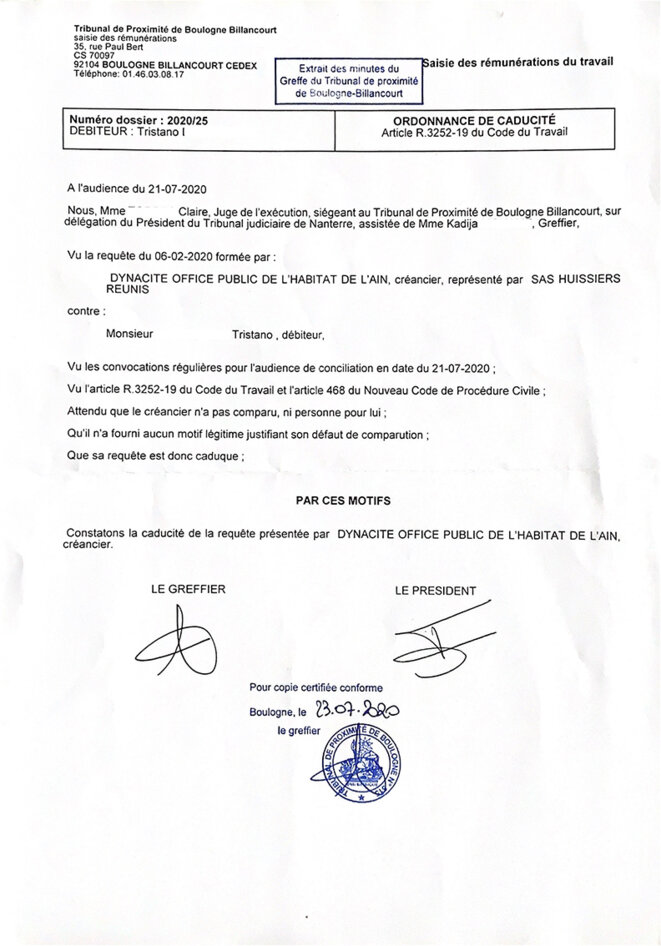 Le créancier attendu n'a fourni aucun justificatif de son absence, sa requête est caduque Le créancier attendu n'a fourni aucun justificatif de son absence, sa requête est caduque