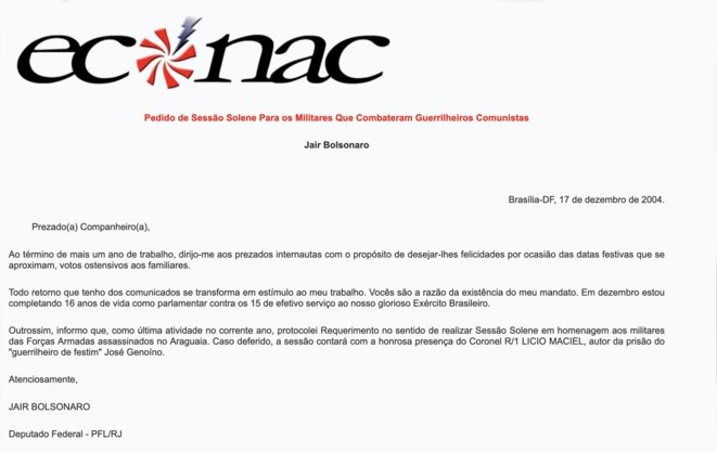 Lettre publiée par le site internet brésilien neonazi " Econac ". © DR Lettre publiée par le site internet brésilien neonazi " Econac ". © DR