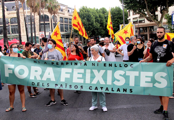 Manifestation des gauches en marge du congrès du RN à Perpignan, le 3 juillet 2021. © Photo Emmanuel Riondé pour Mediapart Manifestation des gauches en marge du congrès du RN à Perpignan, le 3 juillet 2021. © Photo Emmanuel Riondé pour Mediapart