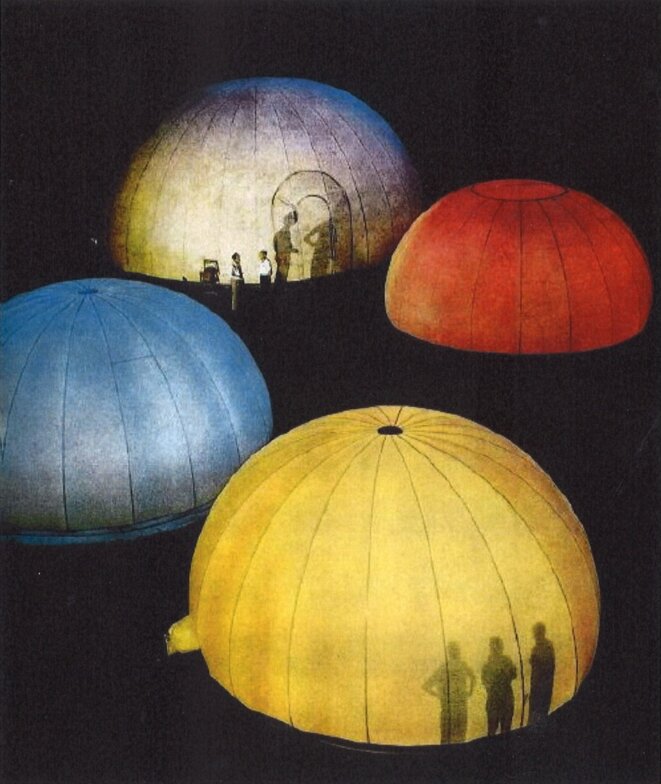 Frank Lloyd Wright,Fiberthin Airhouses at a Kentucky university. Photo originally appeared in November 11, 1957 issue of Life magazine Frank Lloyd Wright,Fiberthin Airhouses at a Kentucky university. Photo originally appeared in November 11, 1957 issue of Life magazine