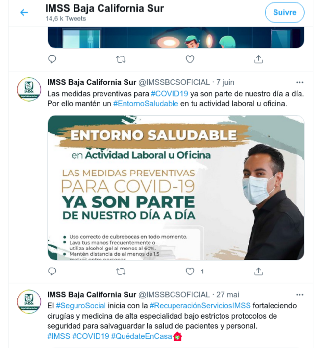 Fig.11 - Compte Twitter de l'IMSS de Basse Californie du Sud. Capture d'écran du 27 juin 2021 © Twitter Fig.11 - Compte Twitter de l'IMSS de Basse Californie du Sud. Capture d'écran du 27 juin 2021 © Twitter