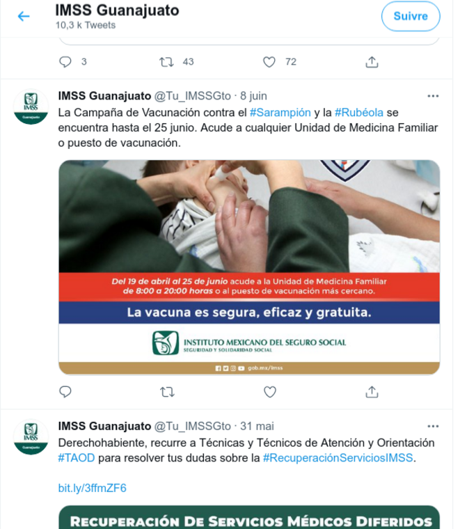 Fig.12 - Compte Twitter de l'IMSS du Guanajuato. Capture d'écran du 27 juin 2021 © Twitter Fig.12 - Compte Twitter de l'IMSS du Guanajuato. Capture d'écran du 27 juin 2021 © Twitter