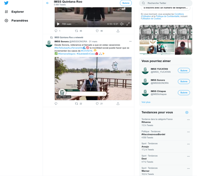 Fig.14 - Compte Twitter de l'IMSS du Quintana Roo. Capture d'écran du 4août 2021 © Twitter Fig.14 - Compte Twitter de l'IMSS du Quintana Roo. Capture d'écran du 4août 2021 © Twitter