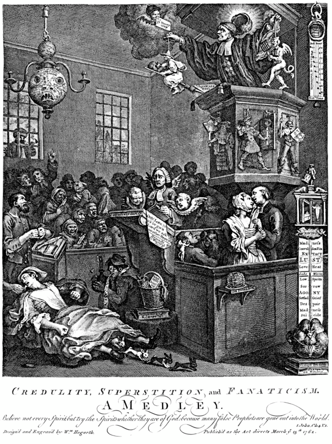 «Crédulité, superstition et fanatisme», une gravure de William Hogarth, 1762 (in Bon Pour La Tête). © DR «Crédulité, superstition et fanatisme», une gravure de William Hogarth, 1762 (in Bon Pour La Tête). © DR