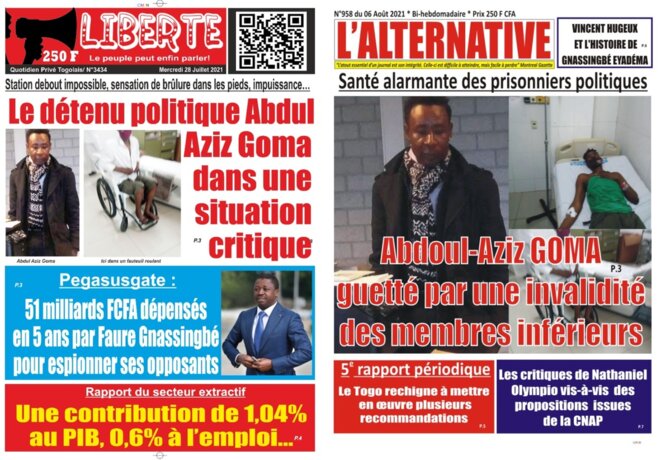 Togo, Les unes des quotidiens Liberté et l'Alternative consacrées à M. Abdul Aziz Goma, dans un état de santé critique, guetté par une invalidité Togo, Les unes des quotidiens Liberté et l'Alternative consacrées à M. Abdul Aziz Goma, dans un état de santé critique, guetté par une invalidité