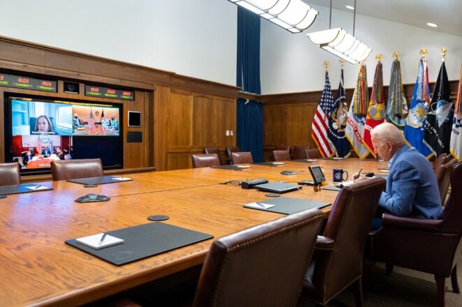 15 août 2021, à Washington. Le président Joe Biden et la vice-présidente Kamala D. Harris prépare l'évacuation de leurs ressortissants, militaires et alliés. © EyePress via AFP 15 août 2021, à Washington. Le président Joe Biden et la vice-présidente Kamala D. Harris prépare l'évacuation de leurs ressortissants, militaires et alliés. © EyePress via AFP