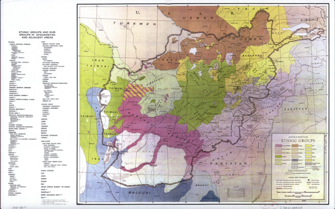 Plusieurs groupes ethnolinguistiques sont présents en Afghanistan et au Pakistan, sous divisés en de très nombreux clans, tribus et familles (carte de 2005) © Wikimédia, page "Afghanistan ethnic groups 2005"