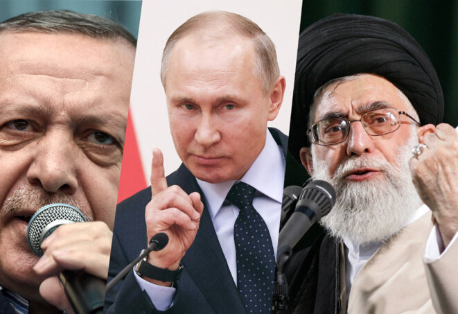 Recep Tayyip Erdogan, Vladimir Poutine et l’ayatollah Ali Khamenei. © Ozan Kose, Rigory Dukor, Atta Kenare / AFP