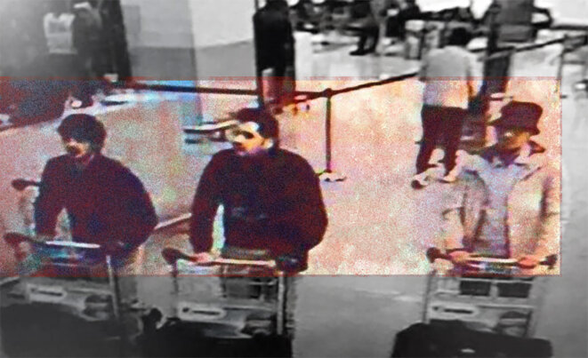 Najim Laachraoui, Ibrahim el-Bakraoui et Mohamed Abrini en train de pousser leurs bagages remplis d'explosifs dans l’aéroport de Zaventem à Bruxelles. © DR Najim Laachraoui, Ibrahim el-Bakraoui et Mohamed Abrini en train de pousser leurs bagages remplis d'explosifs dans l’aéroport de Zaventem à Bruxelles. © DR