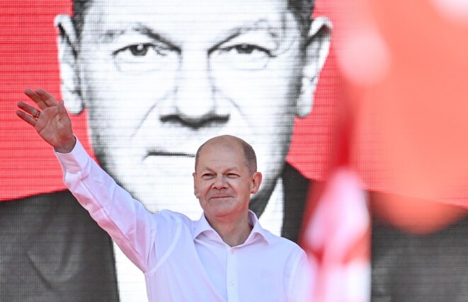 Olaf Scholz, le candidat du SPD, le 27 août 2021 lors d’un meeting de campagne. © Britta Pedersen/dpa-Zentralbild/dpa/AFP Olaf Scholz, le candidat du SPD, le 27 août 2021 lors d’un meeting de campagne. © Britta Pedersen/dpa-Zentralbild/dpa/AFP
