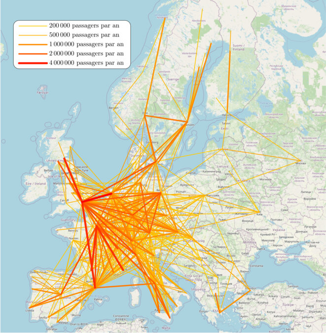 Trafic aérien sur les liaisons de 500 et 1500km déjà interconnectées par le réseau ferroviaire