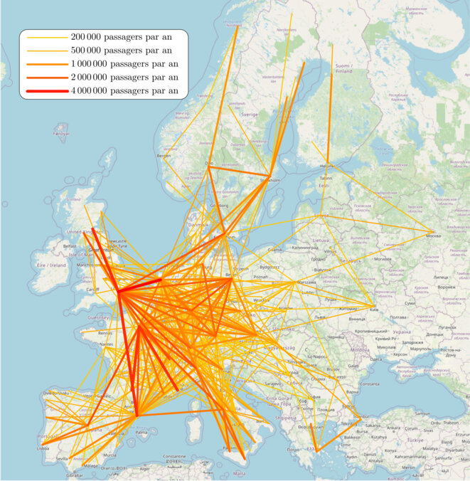 Trafic aérien sur les liaisons de 500 à 1500km déjà interconnectées par le réseau ferré © OpenStreetMap contibutors, licences ODbL et CC BY-SA