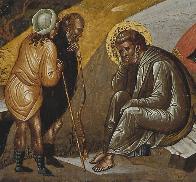 Icône crétoise : "LE DOUTE DE JOSEPH". Détail d'une nativité, école créto-vénitienne, entre 1480 et 1500. Musée des Beaux-Arts de la Ville de Paris, Petit Palais. Icône crétoise : "LE DOUTE DE JOSEPH". Détail d'une nativité, école créto-vénitienne, entre 1480 et 1500. Musée des Beaux-Arts de la Ville de Paris, Petit Palais.
