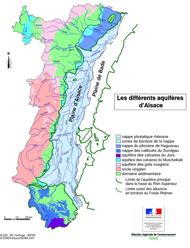 Différents aquifères d'Alsace © Carte DIREN-Alsace, 2007 Coll. Direction Régionale de l'Environnement Différents aquifères d'Alsace © Carte DIREN-Alsace, 2007 Coll. Direction Régionale de l'Environnement