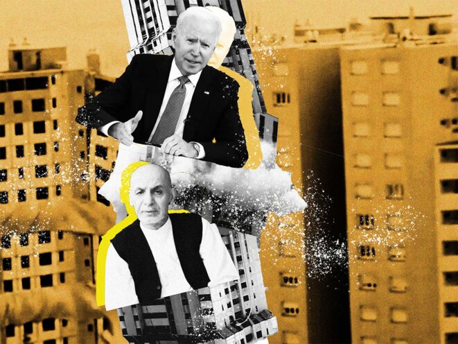 Joe Biden et Ashraf Ghani vacillent sur les tremblements du « State building ». © Photo illustration Sébastien Calvet / Mediapart Joe Biden et Ashraf Ghani vacillent sur les tremblements du « State building ». © Photo illustration Sébastien Calvet / Mediapart