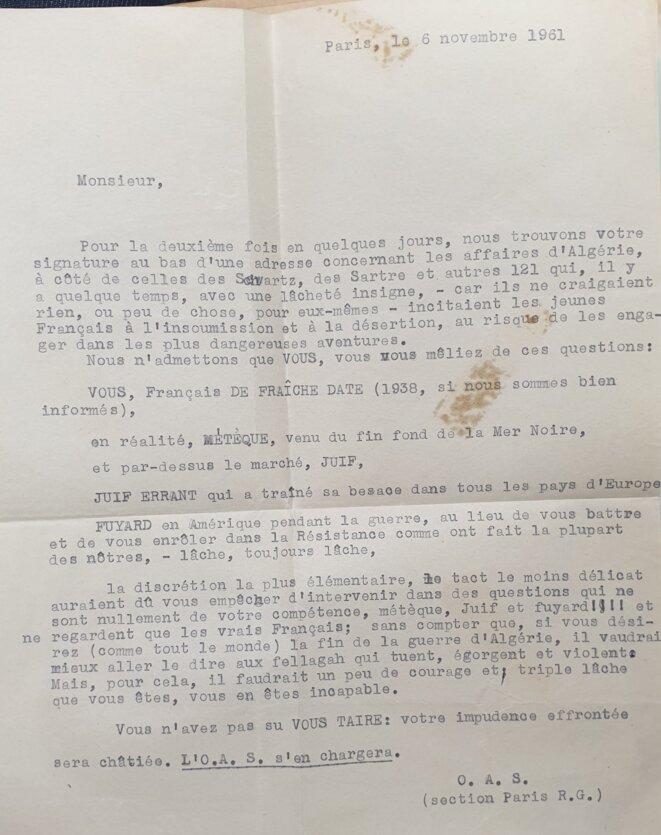 Lettre de menace de l'OAS à destination de Claude Lanzmann © ACFL Lettre de menace de l'OAS à destination de Claude Lanzmann © ACFL