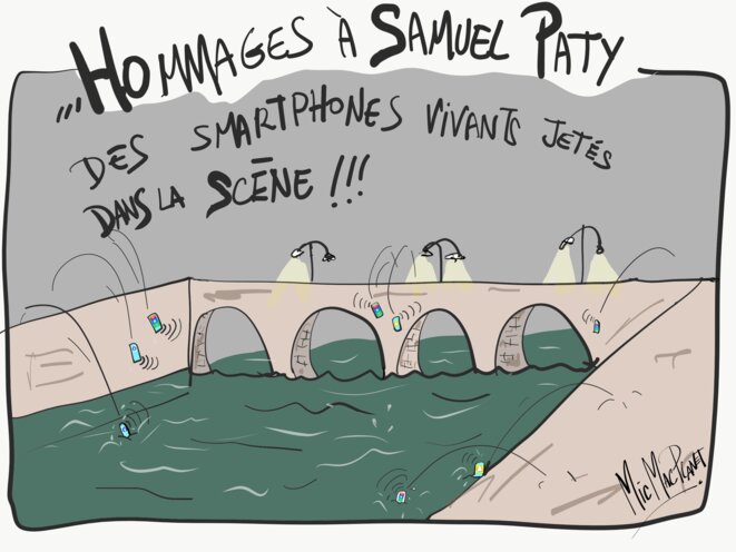 Hommages à Samuel Paty des smartphones vivants jetés sur la Scène l