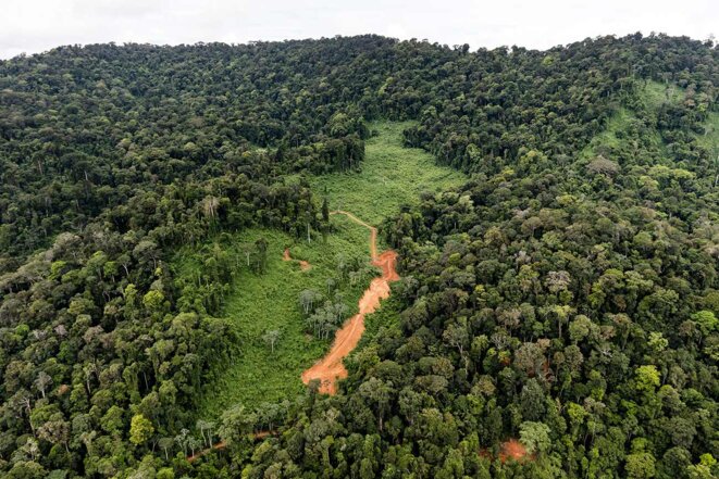 Vue aérienne du site de la "Montagne d'Or" en Guyane en 2017, juste avant son exploitation par la société internationale Nordgold. © Photo Jody Amiet / AFP Vue aérienne du site de la "Montagne d'Or" en Guyane en 2017, juste avant son exploitation par la société internationale Nordgold. © Photo Jody Amiet / AFP