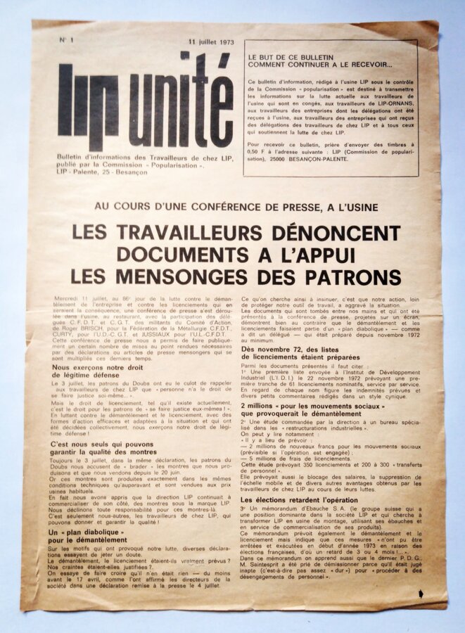 Lip-Unité n°1, bulletin édité par les grévistes, 11 juillet 1973