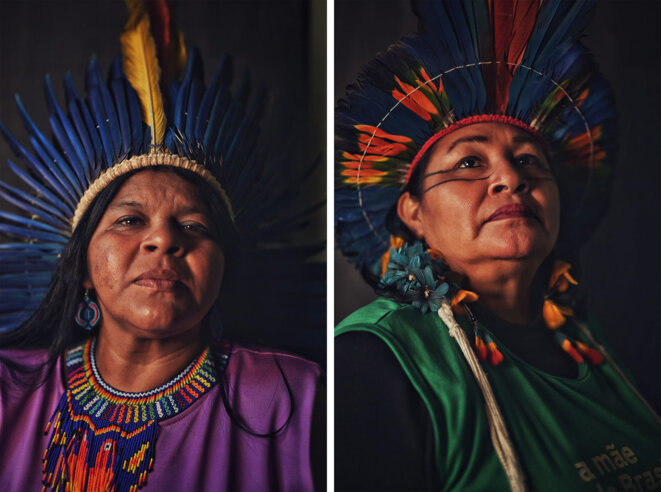 Sonia Guajajara (à gauche) et Telma Taurepang, deux représentantes des peuples autochtones brésiliens là Glasgow, le 10 novembre 2021. © Futuros Indigenas / CopCollab26