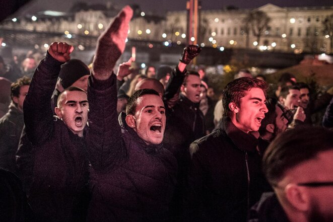Manifestation de Génération identitaire à Paris en l’honneur de Sainte Geneviève, le 14 janvier 2017. © Photo Yann Castanier / Hans Lucas