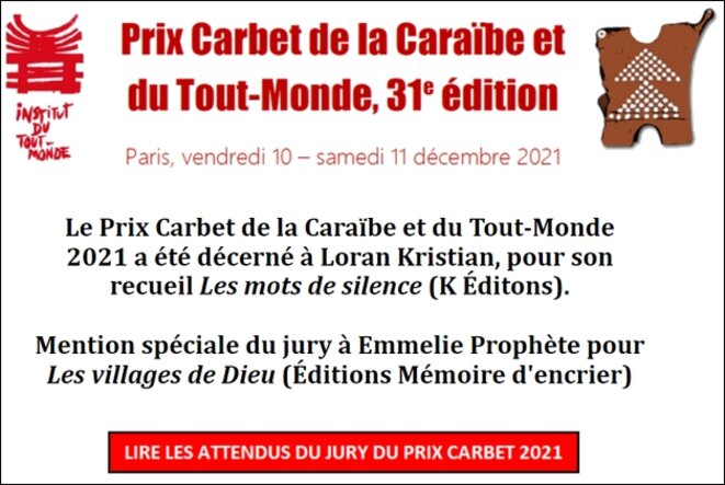 Le Prix Carbet 2021 décerné à Loran Kristian. Mention spéciale à Emmelie Prophète