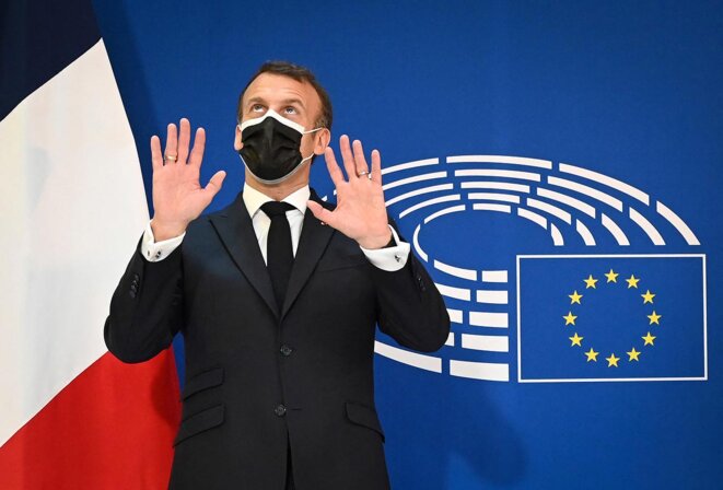 Strasbourg, le 9 mai 2021. Emmanuel Macron au Parlement européen. © Photo Frédéric Florin / AFP